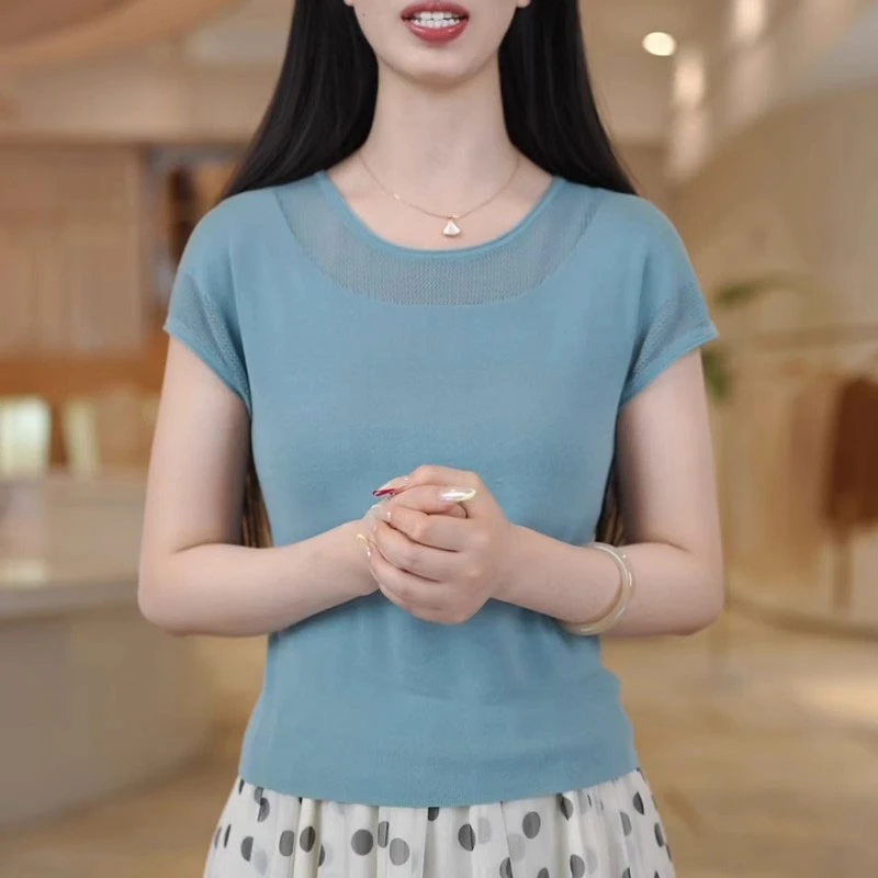 高级感针织圆领短袖t恤女夏季2025新款修身时尚洋气收腰休闲上衣