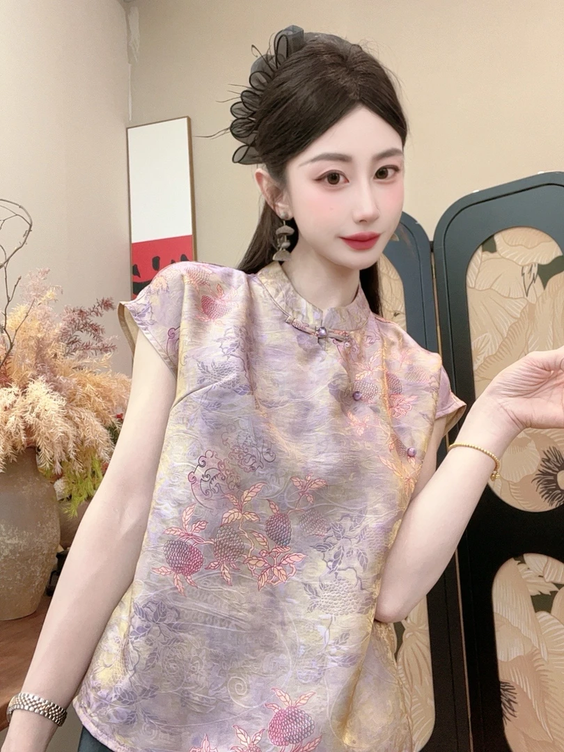 【紫薇】2025夏季新款短袖百搭显瘦新中式短袖女日常时尚气质