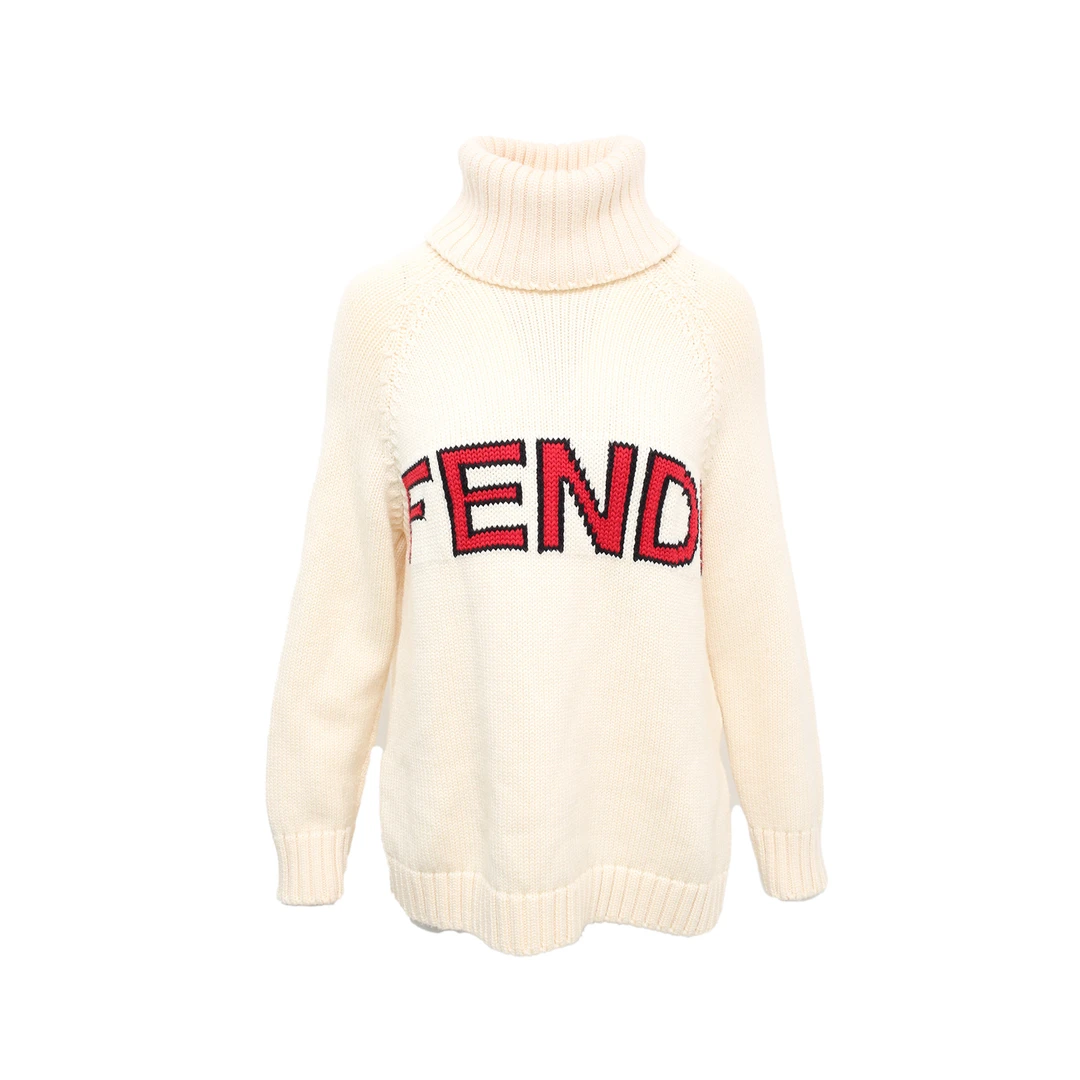 99新 FENDI/芬迪 汤/P254216382/米白色 大LOGO 毛衣 38码