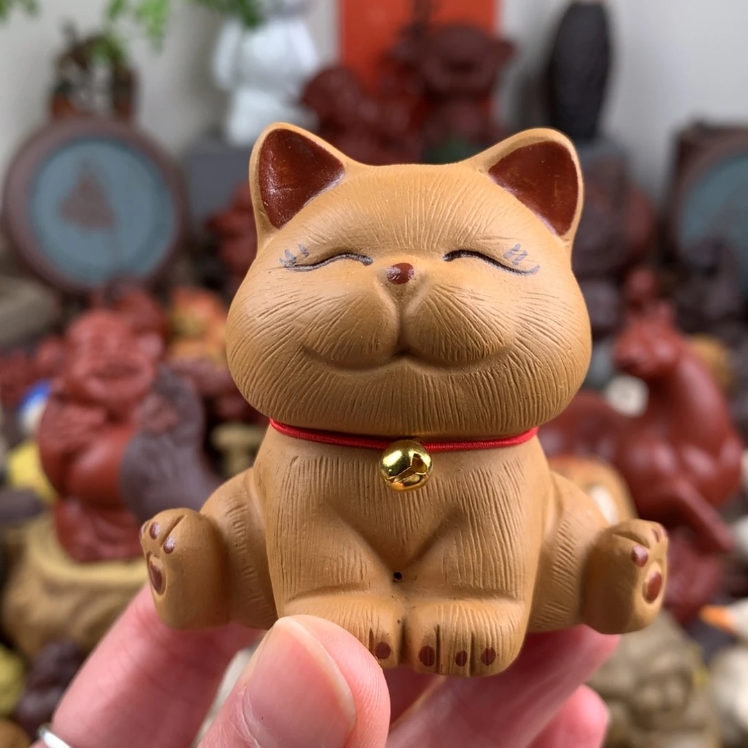 紫砂茶宠劈叉招财猫段泥