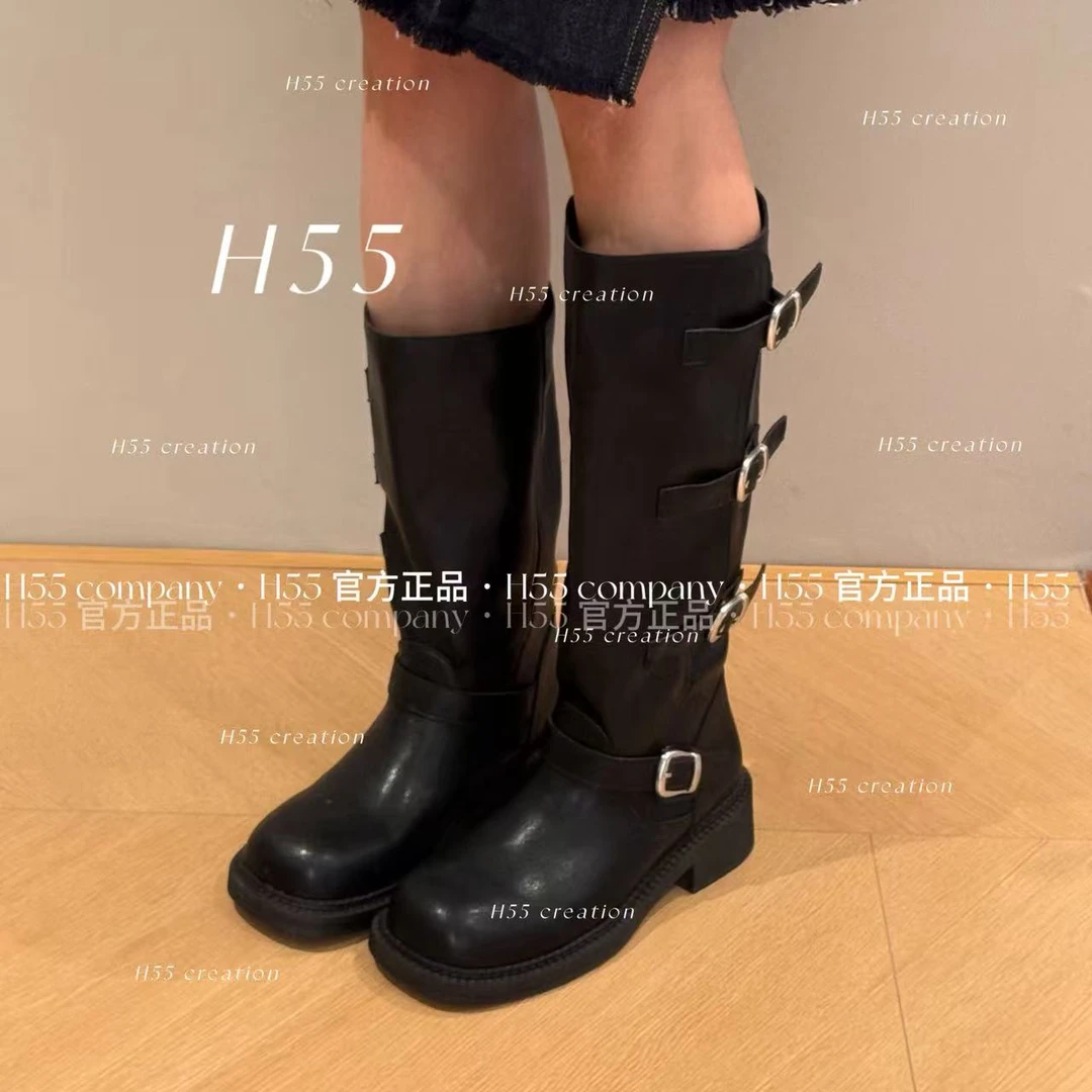 巴恩哲学｜中古擦色可调节腿围的方头骑士靴4cm59-2868【X】