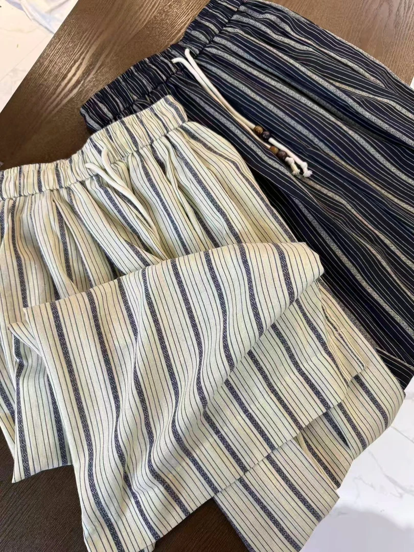 韩系慵懒刺绣条纹九分甩裤【喜田】81212