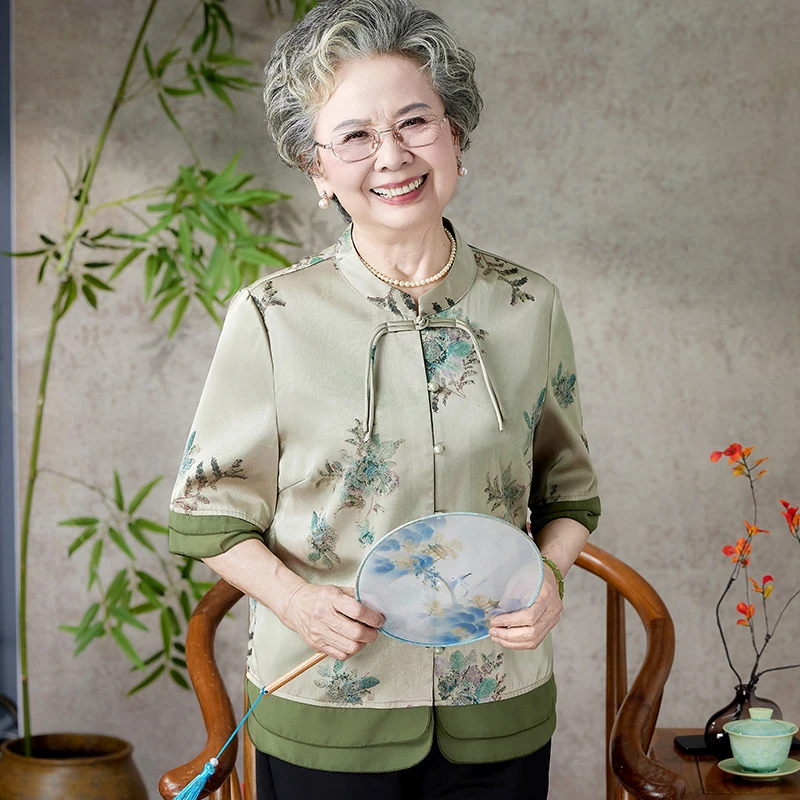 中老年人妈妈夏装衬衫上衣洋气奶奶夏季中袖衬衣唐装70老太太衣服