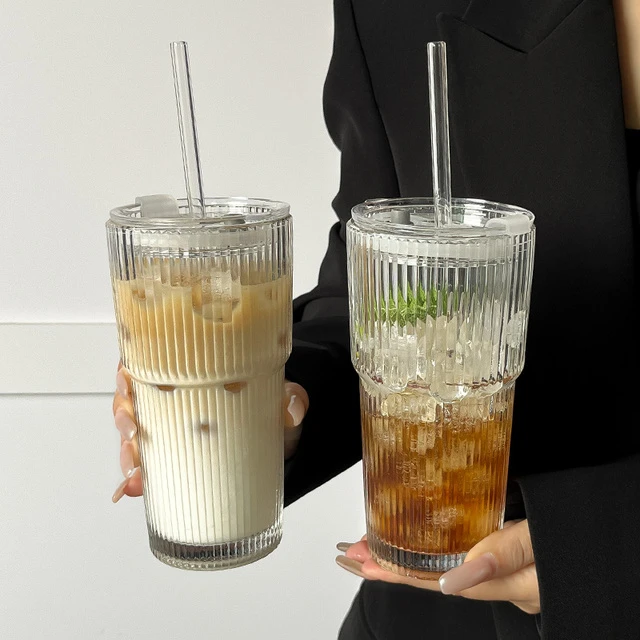 ins风大容量带盖子带吸管竖条纹玻璃杯高颜值冷饮杯果汁咖啡杯水
