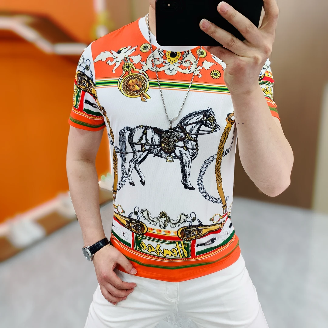 阿凯严选  欧洲站夏季新款男士爆款冰丝镂空修身战马圆领短袖T恤