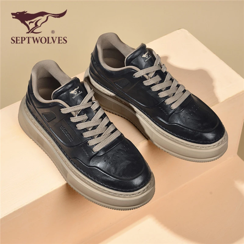 七匹狼正品男鞋秋季时尚百搭休闲板鞋男款运动增高厚底黑色工装鞋