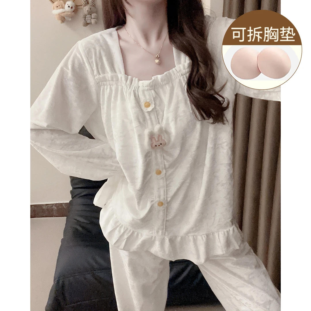 带胸垫公主风睡衣女秋冬季长袖金丝绒甜美风薄绒保暖家居服套装