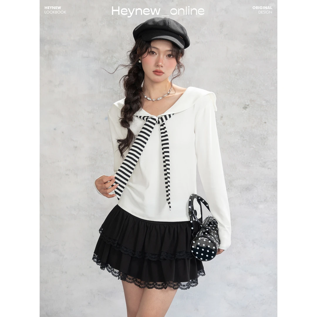 LOVEHEYNEW复古撞色海军领条纹绑带t恤宽松休闲高级感上衣5Q092