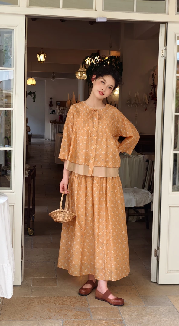 丝棉印花打条拼接文艺系带衬衫宽松显瘦半裙套装B060521/S061521