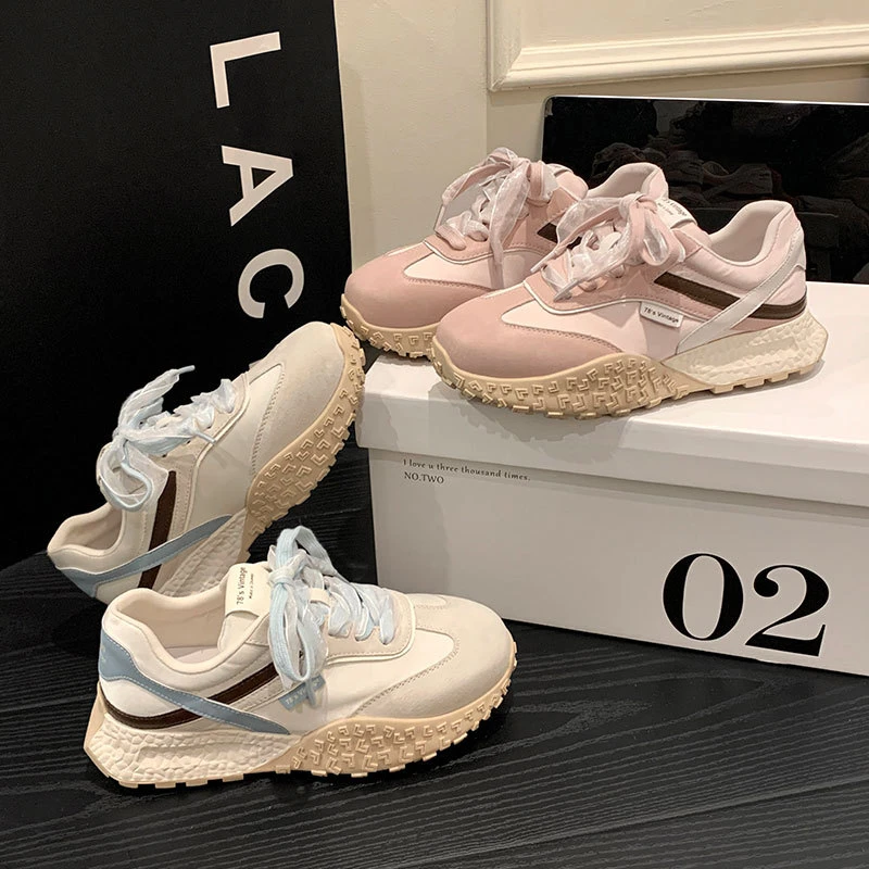 【女鞋】2025德训女-厚底百搭拼色丝带增高老爹鞋阿甘芭蕾运动鞋女