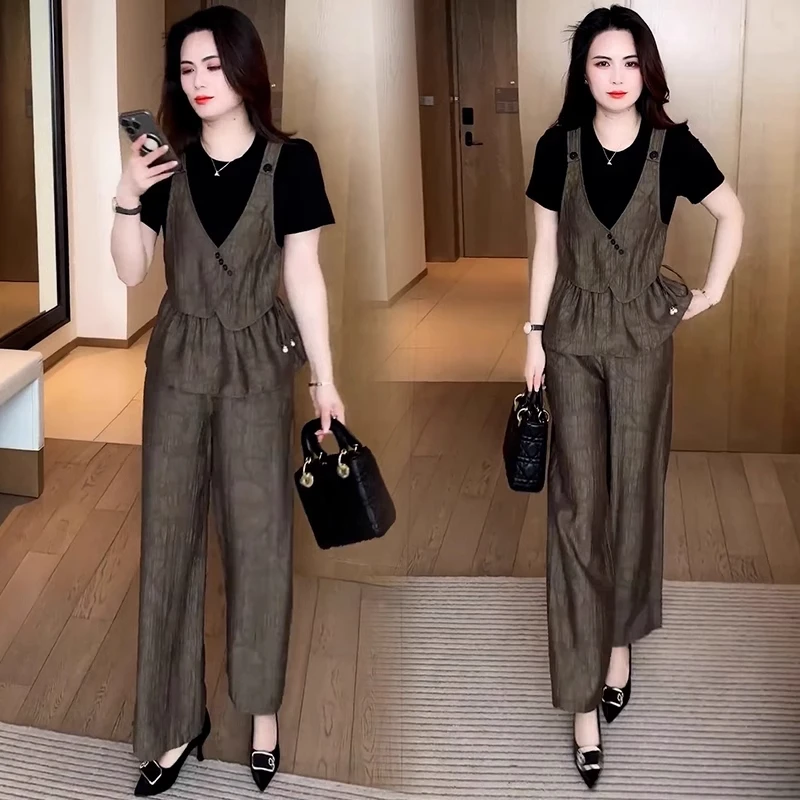 夏季套装女2025新款假两件收腰短袖上衣阔腿裤时尚洋气减龄两件套