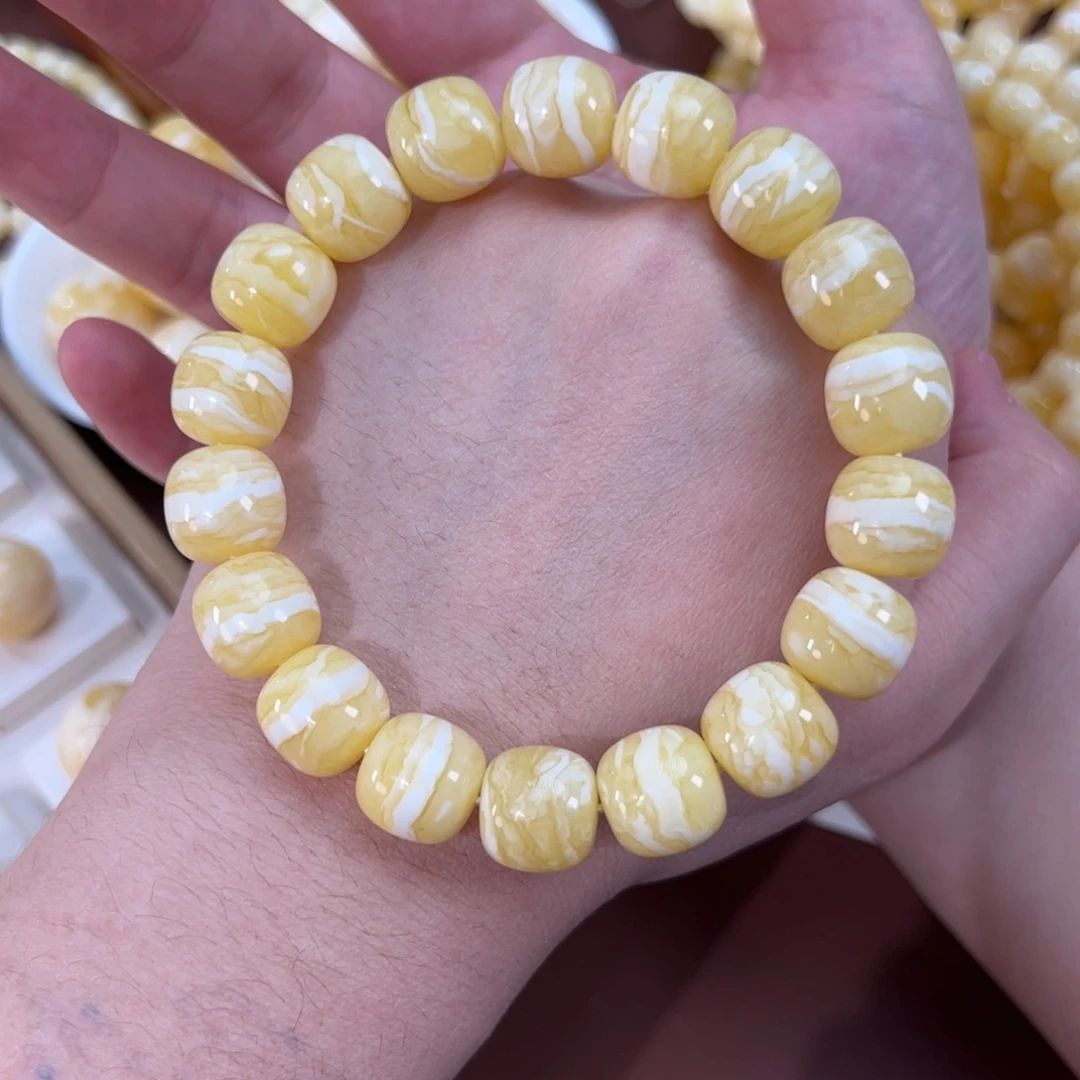 麻***生琥珀未镶嵌手链同料13m一线天