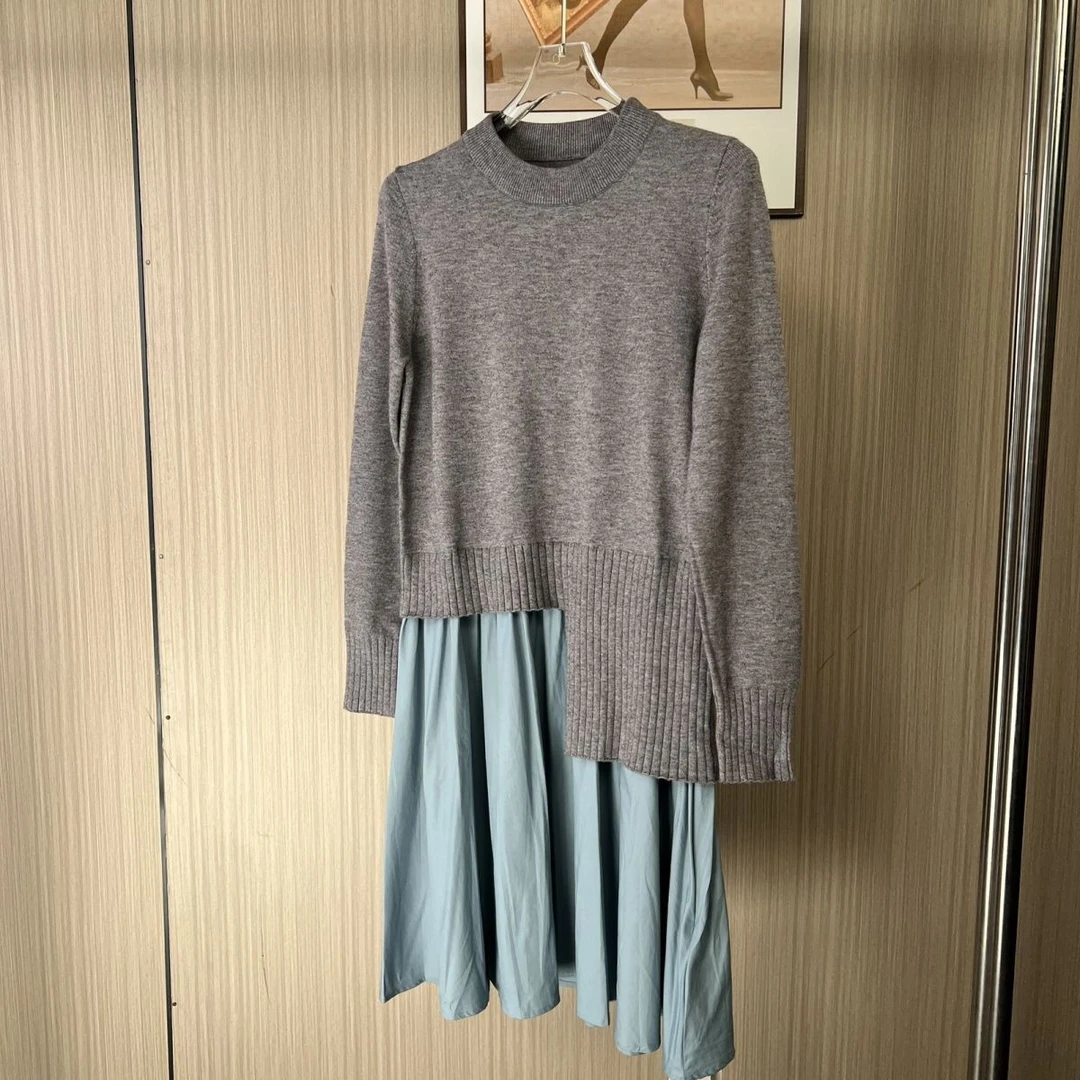 1601撤柜LD秋冬时尚设计款拼接假两件连衣裙