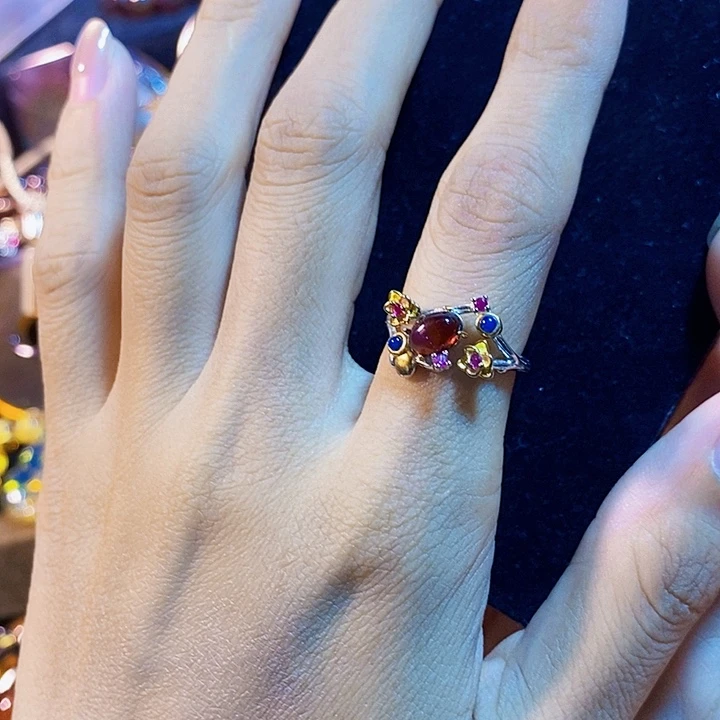 蓝珀银S925镶嵌珠宝奇石墨西哥红蓝戒指