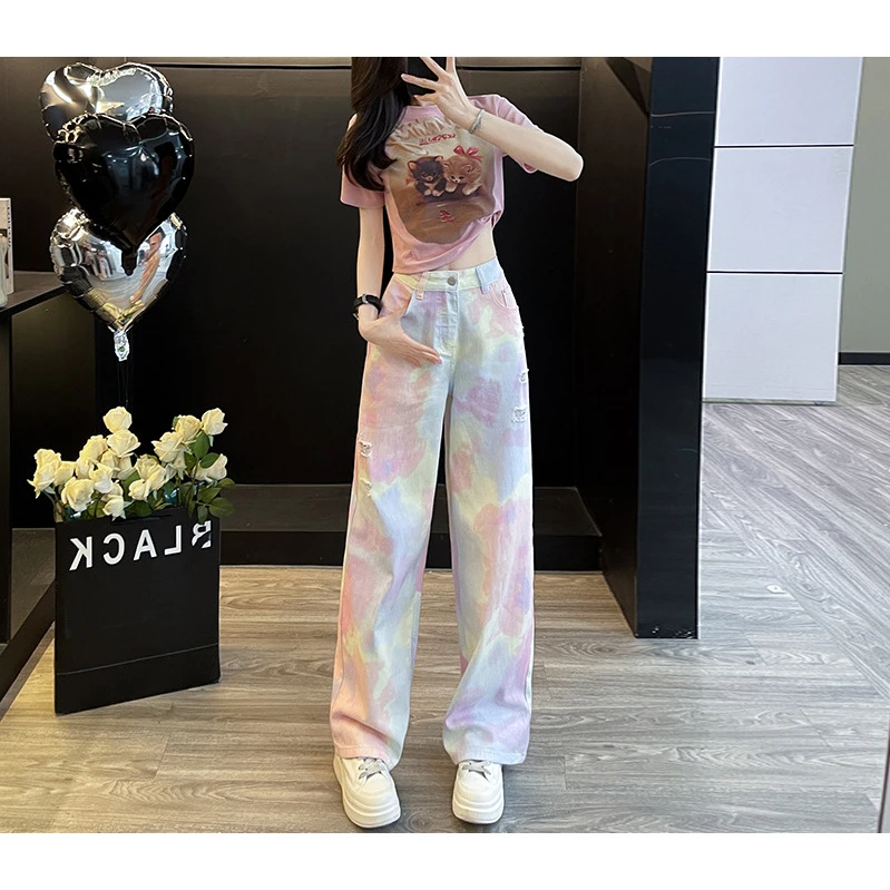 甜美少女感短款短袖2025新款T渐变扎染高腰直筒阔腿牛仔裤套装夏