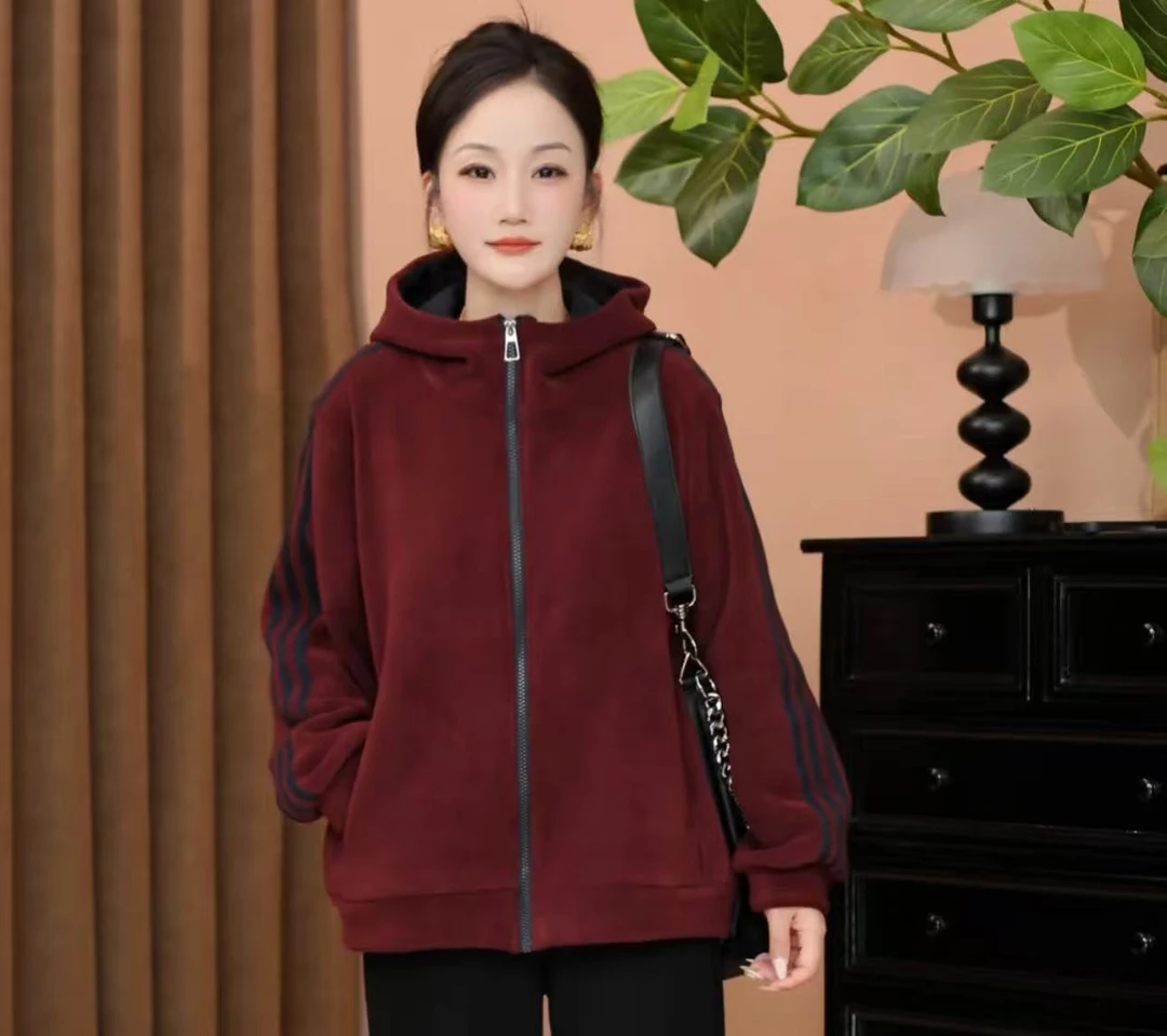 秋冬新款时尚宽松加绒简约拼条百搭连帽颗粒绒织带开衫外套