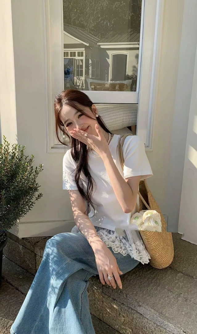 粉丝福利新款春夏圆领糖果色拼接短袖蕾丝上衣2616