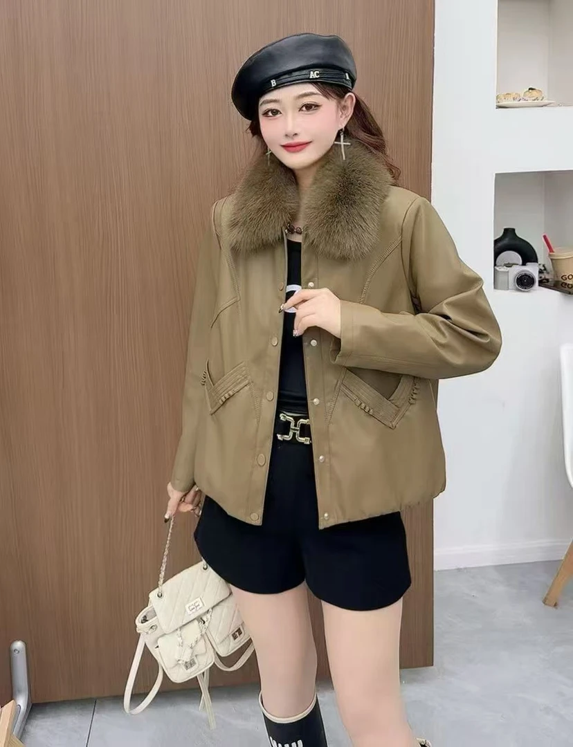 冬季新款大毛领纽扣皮衣外套