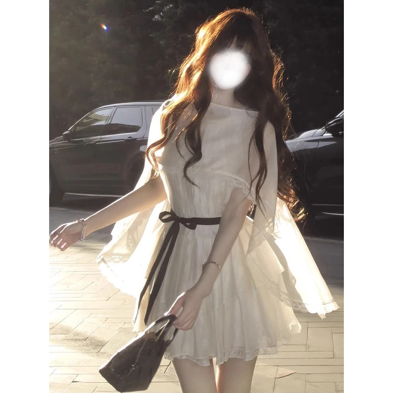法式富家千金甜美收腰系带手工压褶蓬蓬连衣裙女夏季设计感蛋糕裙
