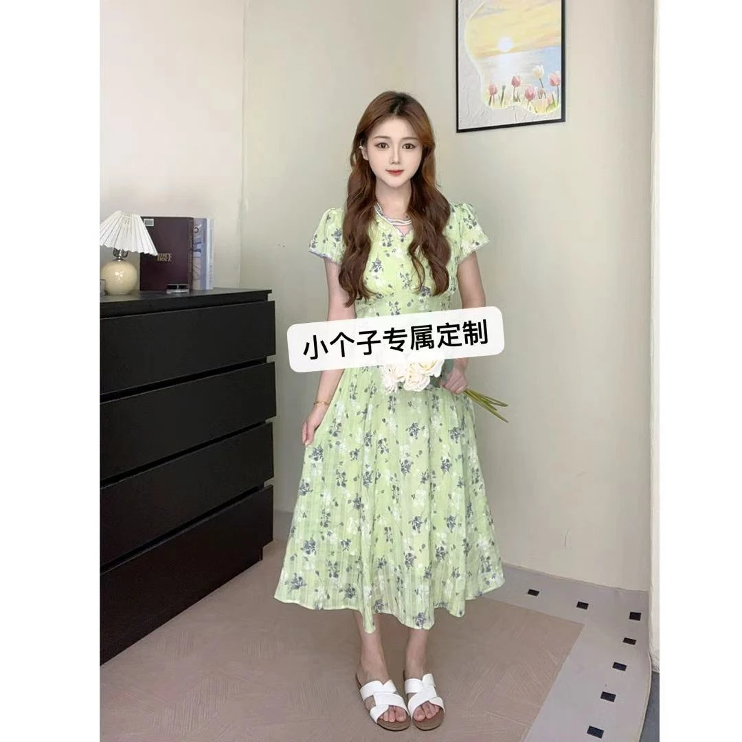 小个子定制气质法式V领薄荷花园绿色碎花连衣裙温柔修身显瘦长裙