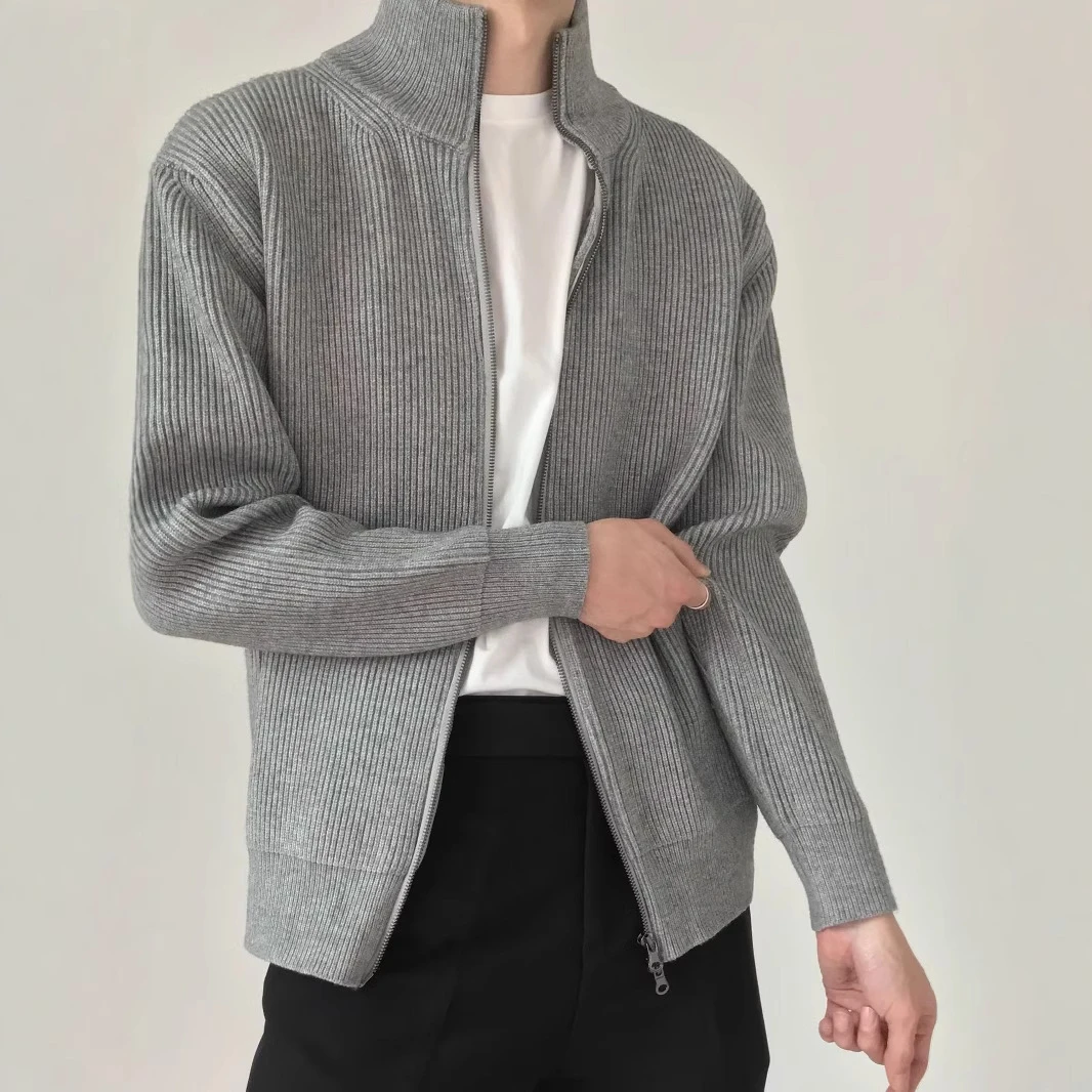 秋季纯色开衫外套针织衫立领拼接拉链毛衣韩版开衫男士纯色针织衫