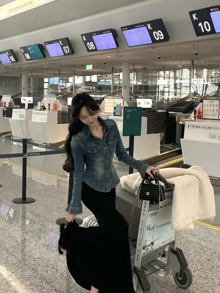 EIA一尧【杂志焦点】复古气质修身牛仔衬衫+针织半裙日常休闲慵懒感