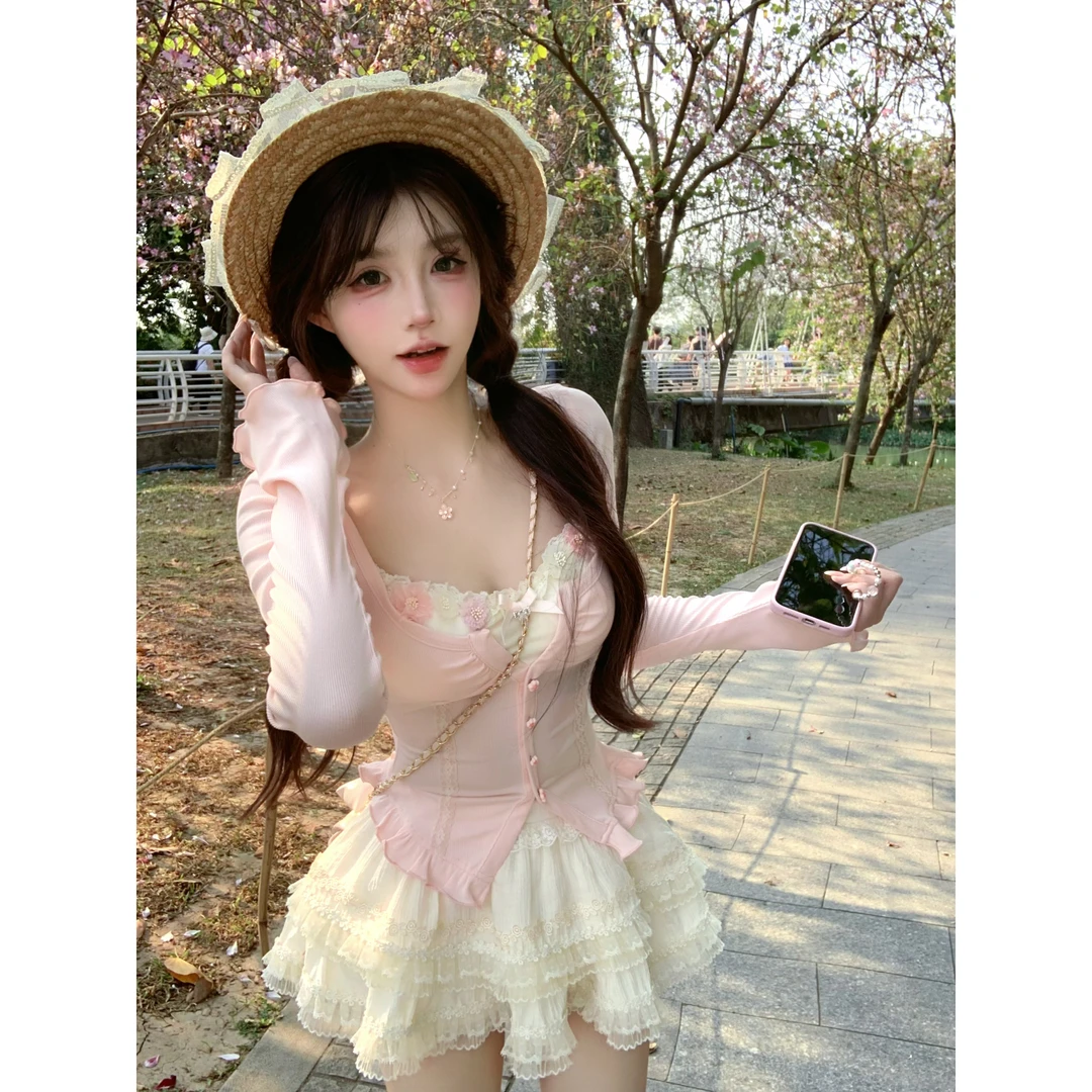 瑞茜·威瑟斯 樱瓣摇光 夏季甜美薄款显瘦长袖上衣半裙R1008-1T