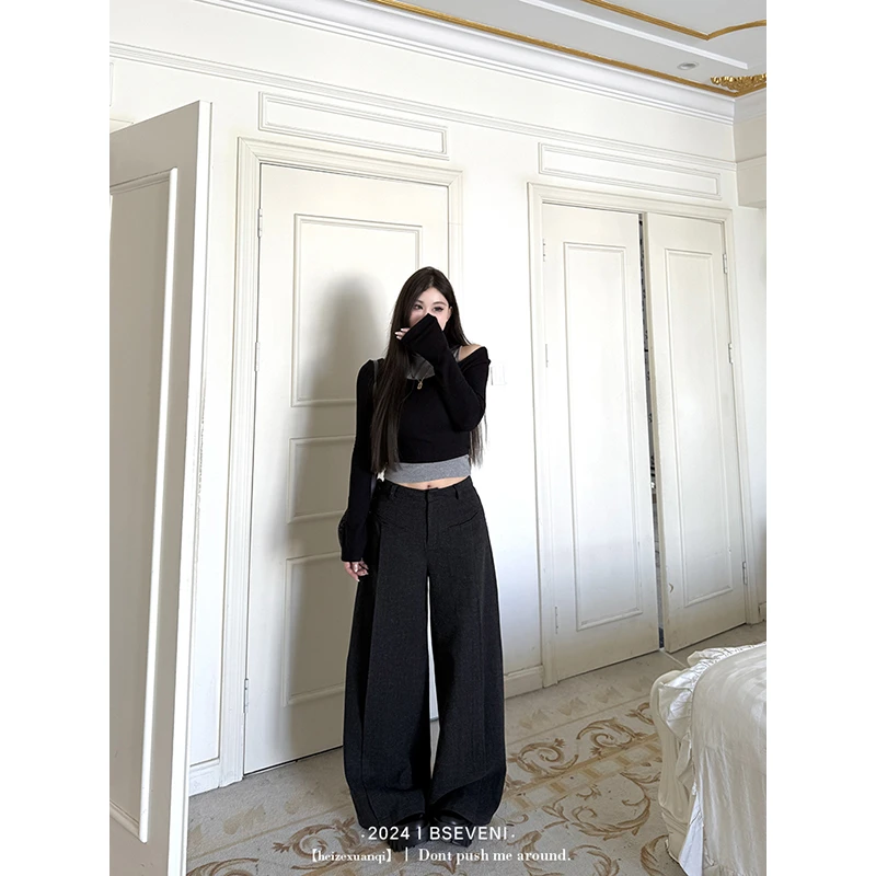 黑泽玄七休闲西裤秋冬新款裤子磨毛感显瘦宽松百搭垂感阔腿女