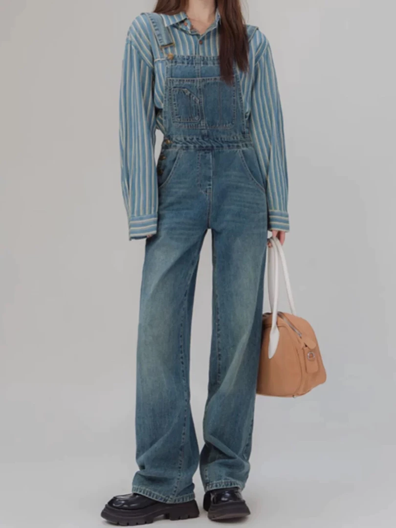 网红复古牛仔背带裤女2025春秋新款宽松显瘦高腰小个子直筒长裤子