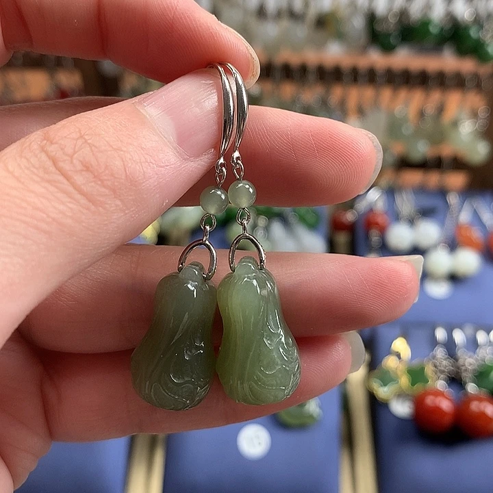 和田玉银S925镶嵌耳饰白菜22左右湖水绿