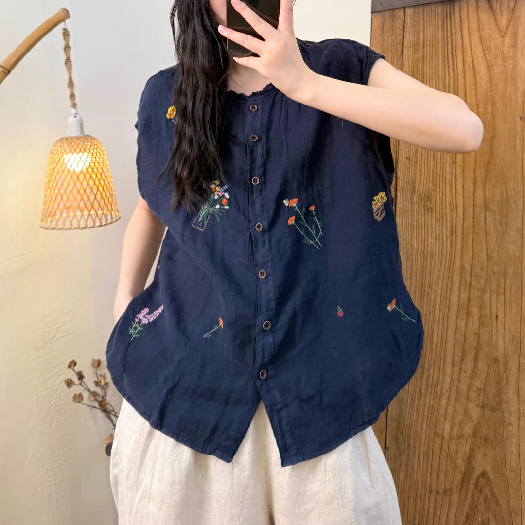 【半奏】百搭木耳边亚麻刺绣系扣无袖上衣女 衣长65 胸围122