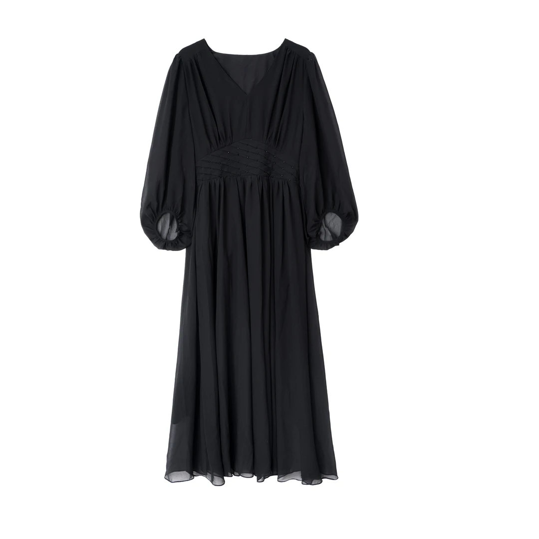 【蒙顿】轻奢优雅纯色高级捏褶亮珠点缀显瘦连衣裙MX-0668