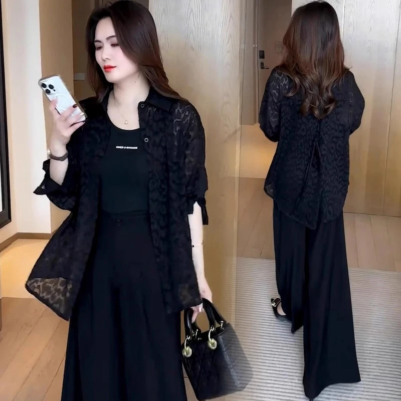 时尚黑色防晒衬衫女夏季新款网红后开叉系带衬衣蕾丝镂空爆款上衣