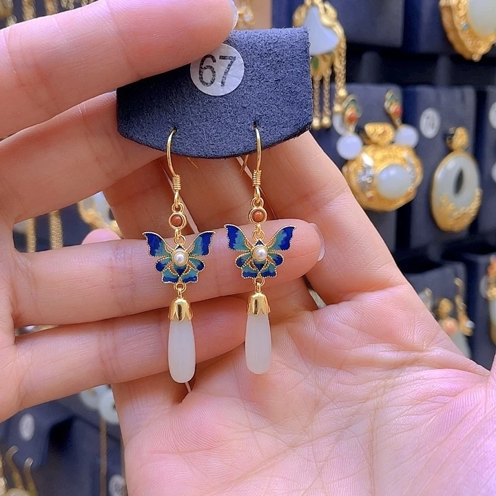 和田玉银S925镀金镶嵌耳饰