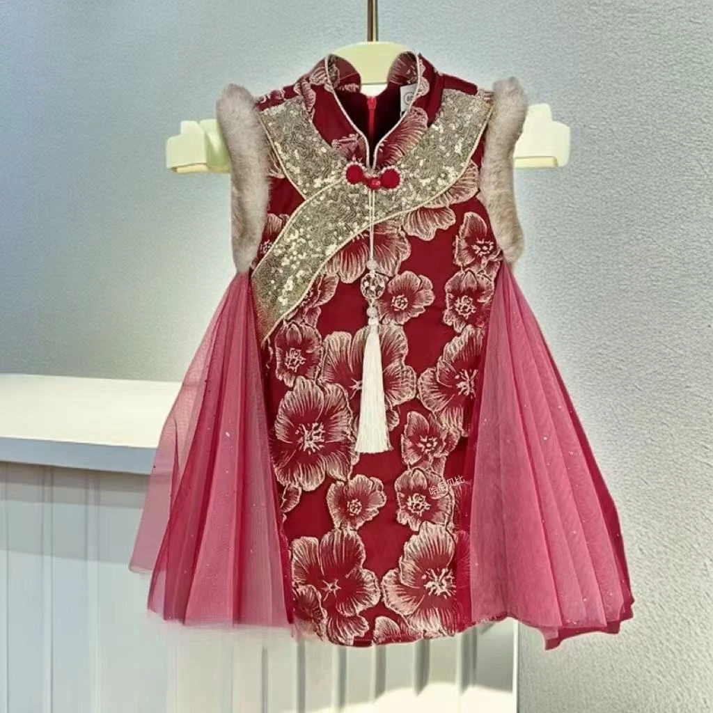 2025红色新中式公主裙加绒女童秋冬加绒公主裙