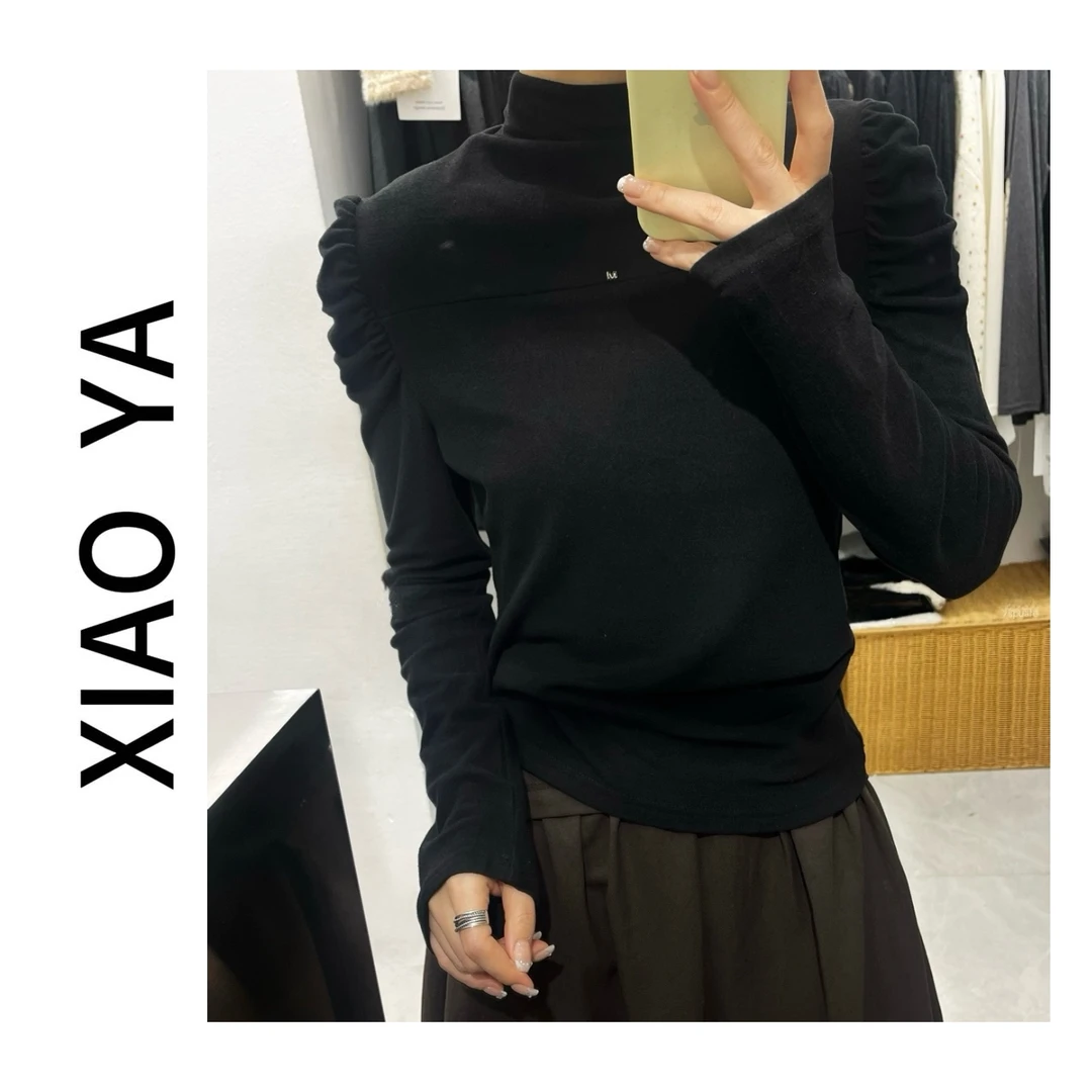 6115秋季新款时尚休闲泡泡袖半高领打底显瘦百搭上衣