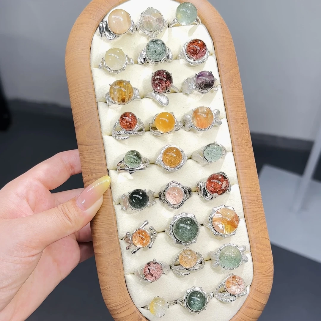 洛初超七粉绿幽灵水晶钛金金发晶中晶兔毛925银开口戒指轻奢送礼