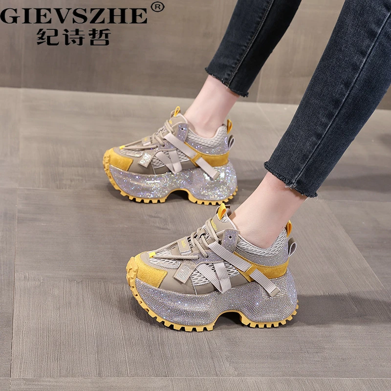 纪诗哲女鞋厚底内增高水钻时尚拼色老爹鞋女秋季新款松糕休闲潮鞋