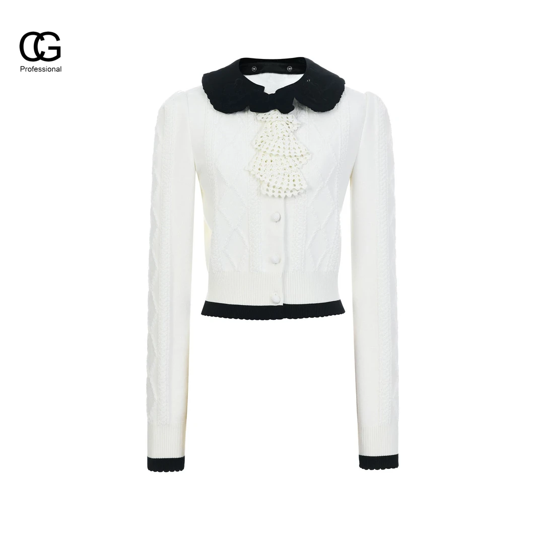 【CG-Y】早春新款时尚丝绒娃娃领蝴蝶结撞色针织外套上衣