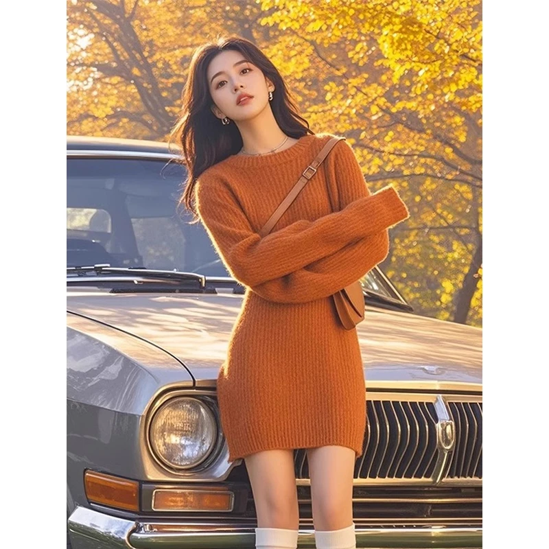 橘色针织连衣裙秋冬内搭慵懒修身显瘦绝美辣妹包臀高级感气质裙子