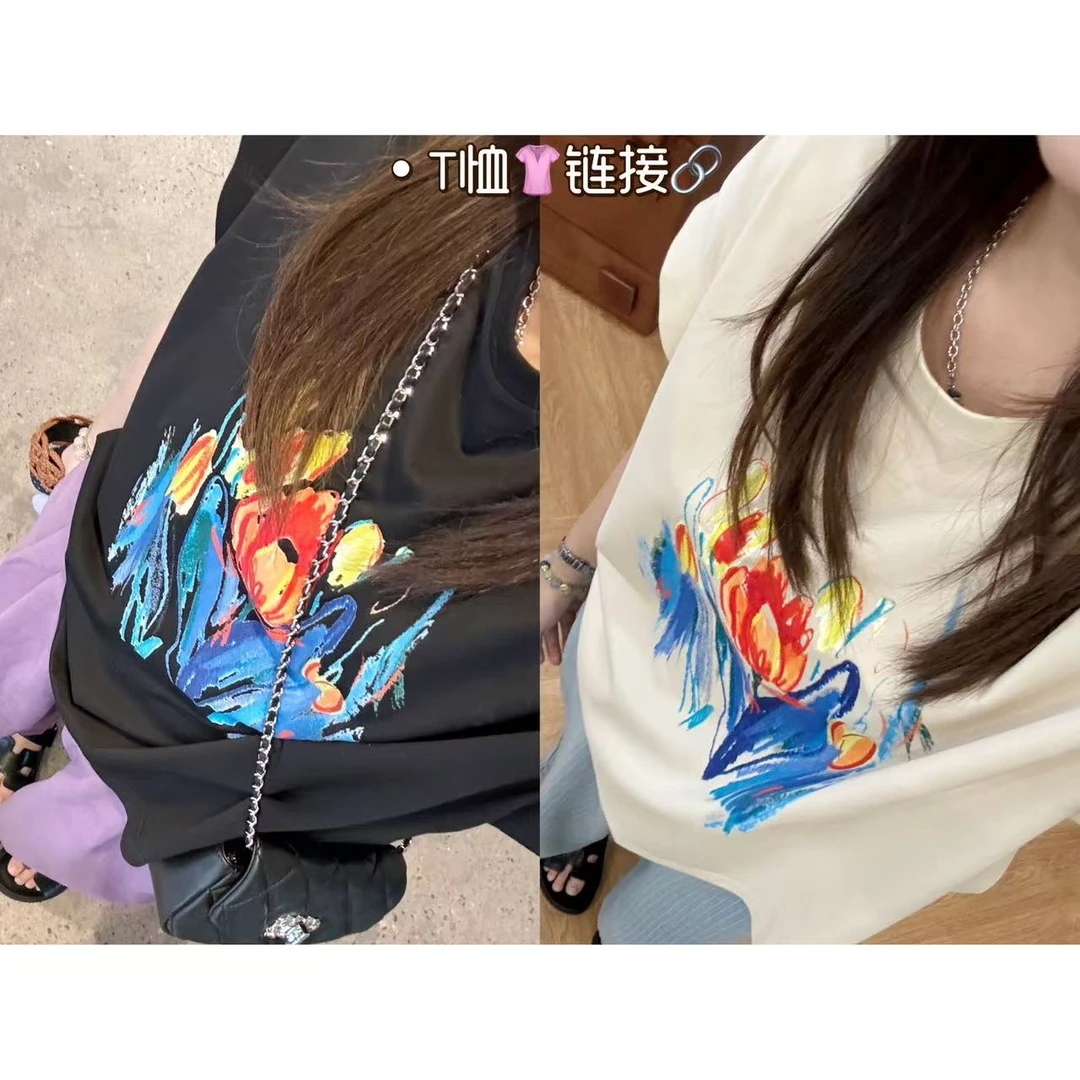 晶咕佳佳【油画创想】短款飞飞袖印花T恤时尚宽松潮流圆领休