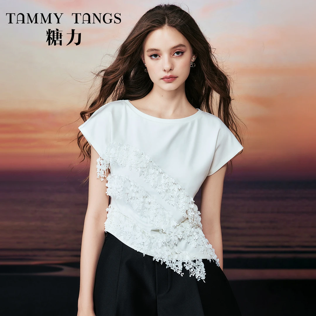 糖力设计感不对称上衣夏蕾丝流苏短袖T恤