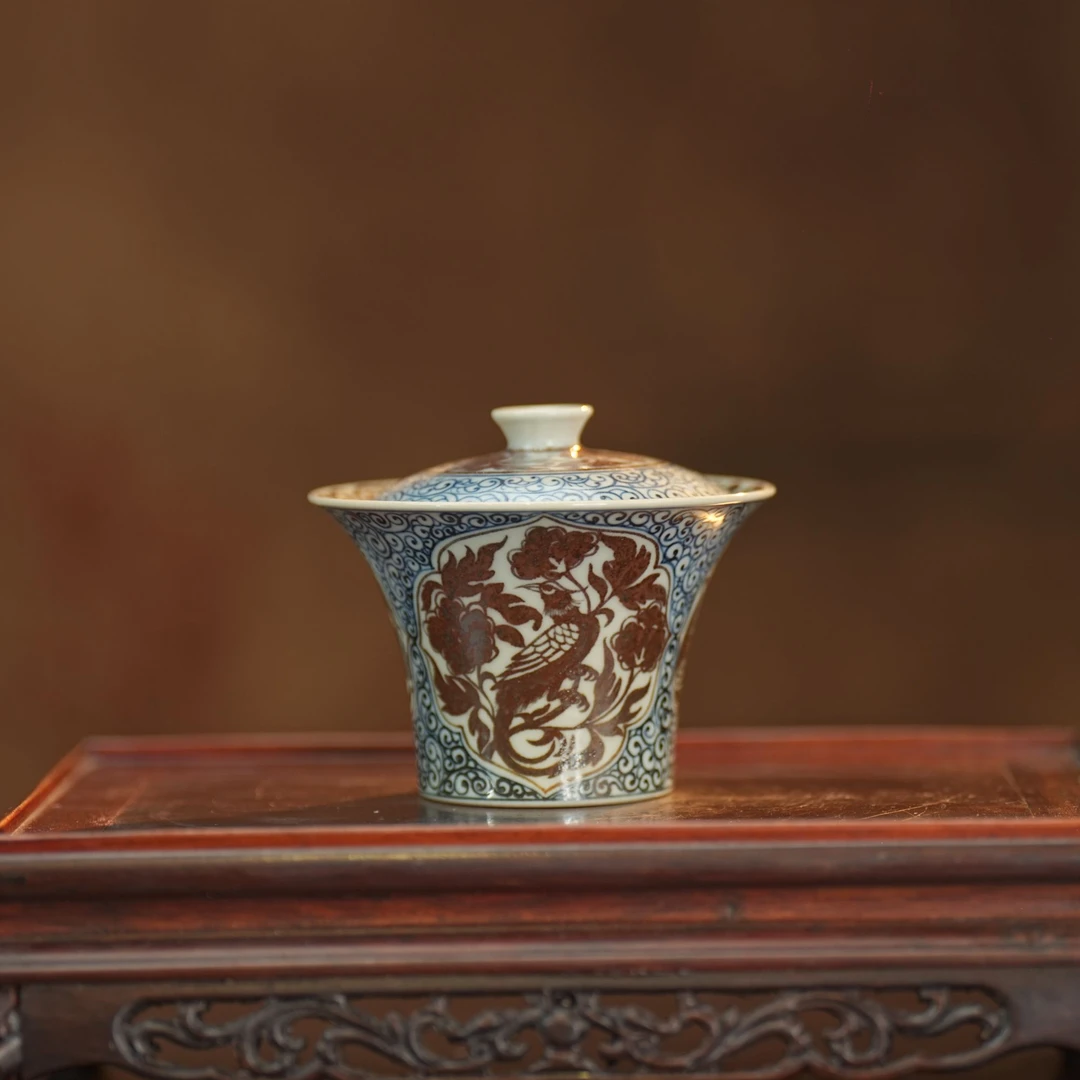 元邑 | 青花釉里红开窗盖碗  130ML 景德镇瓷器手工手绘茶杯茶具