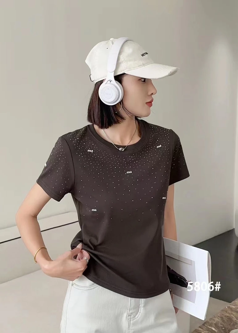 烫钻圆领短袖法式镂空宽松T恤韩版修身宽松半袖显瘦