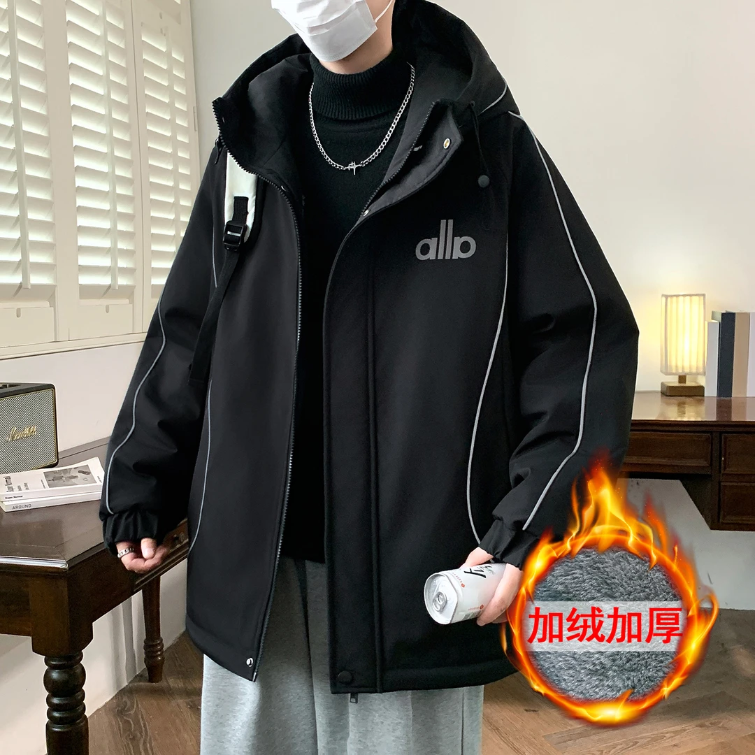 新款休闲夹克男加绒学院风收口袖大码连帽保暖外套棉衣夹克潮流