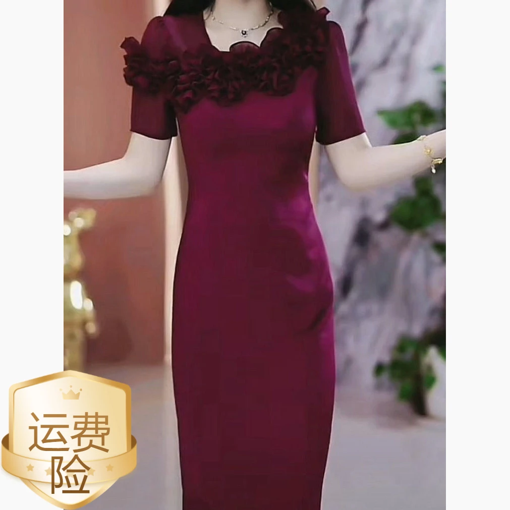 2025新款夏季冰丝缎连衣裙女装时尚短袖显瘦遮肉气质花朵礼服裙子