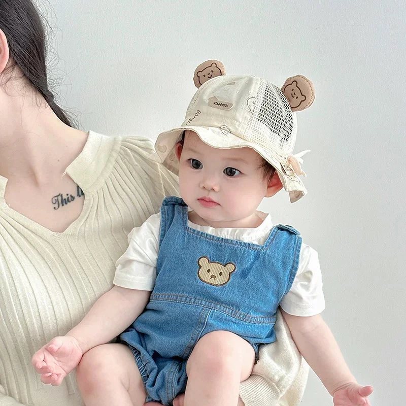 婴儿遮阳帽小月龄男宝宝网眼渔夫帽透气可调节婴幼儿薄款太阳帽夏