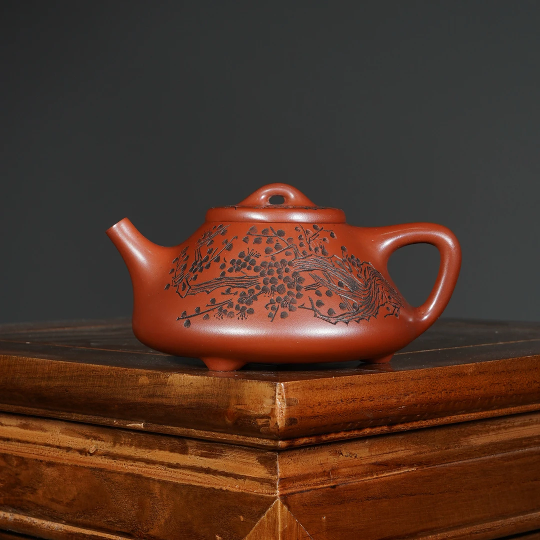 宜兴原矿龙血砂书法刻绘梅花《子冶石瓢》全手工紫砂壶260CC