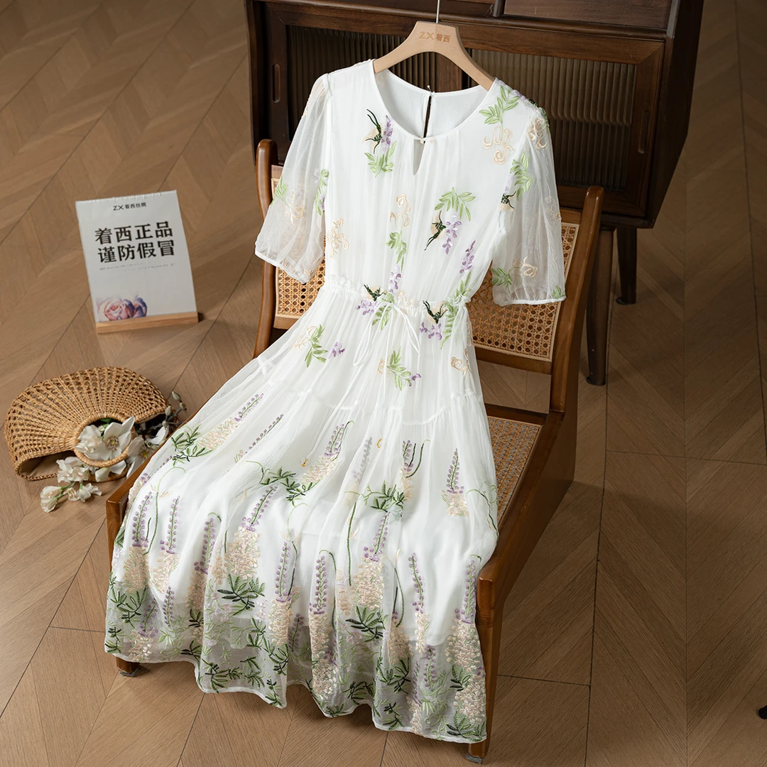 新款100桑蚕丝绣花中长款连衣裙2Q660659
