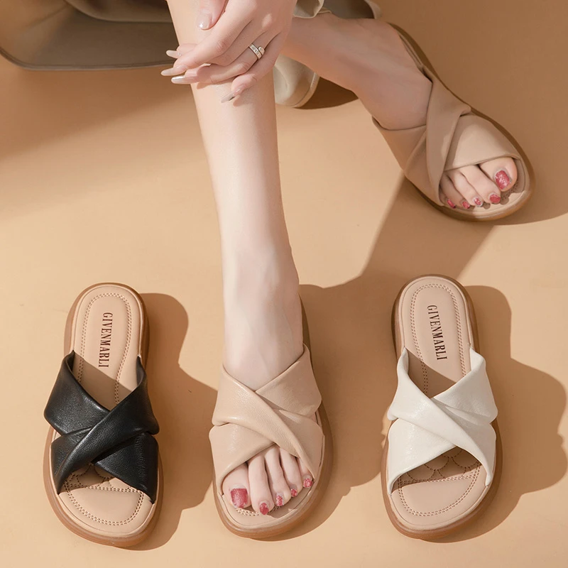 半拖鞋女款2025新款爆款外穿凉拖鞋软底舒适妈妈鞋牛筋底真皮女鞋